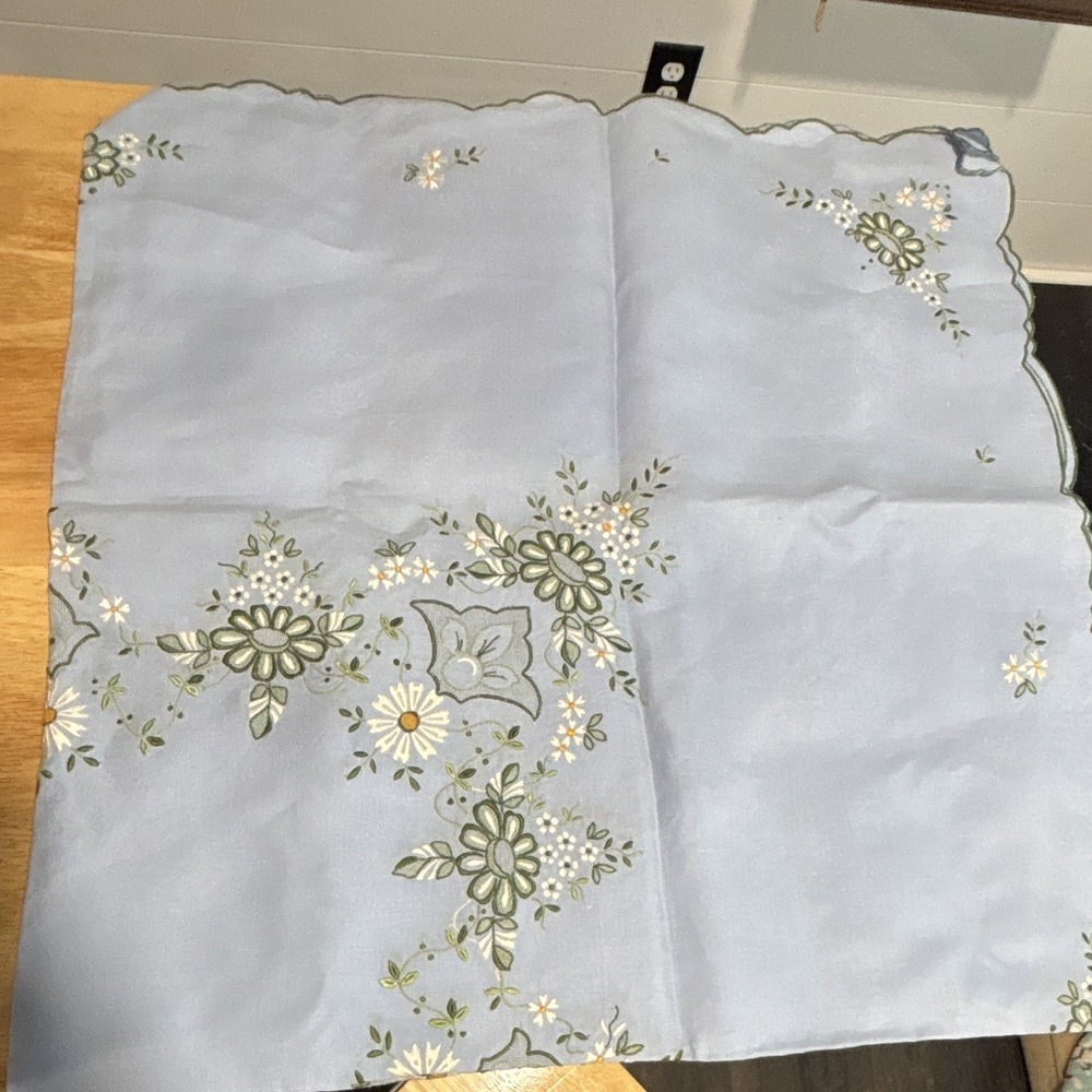Vintage Tablecloth 50"x48" & 6 Matching Napkins Blue Embroidered Scalloped Edges
